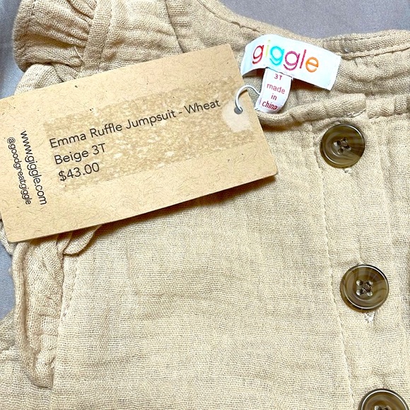 Giggle cotton muslin ruffle jumpsuit beige 3T neutral toddler onesie New - Picture 4 of 11
